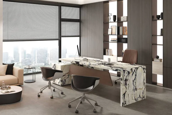 En iyi ofis çalışma alanı mermer masa panelleri, minimalist dekor, döşeme döşemeleri ve rafine modern ışıklandırma. Modelleme. 3B Hazırlama