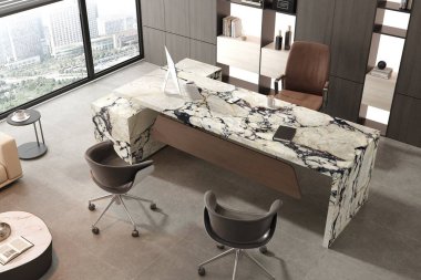 Üst düzey çalışma alanı iç mekan, kuvars resepsiyon masası, cilalı fayanslar, cam bölmeler ve rafine dekorasyon elemanları. Üç boyutlu görüntüleme. Modelleme. 3 Boyutlu Resimler