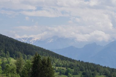 Karla kaplı zirveler, çarpıcı bulutlarla dolu yemyeşil orman yamaçlarının üzerinde duruyor. Seyahat, yürüyüş, irtifa ve manzara temaları için ideal barışçıl bir dağ manzarası..