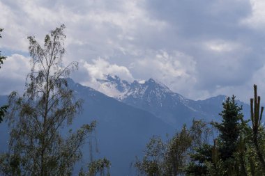 Karla kaplı zirveler, çarpıcı bulutlarla dolu yemyeşil orman yamaçlarının üzerinde duruyor. Seyahat, yürüyüş, irtifa ve manzara temaları için ideal barışçıl bir dağ manzarası..