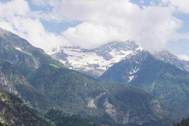 Karla kaplı zirveler, çarpıcı bulutlarla dolu yemyeşil orman yamaçlarının üzerinde duruyor. Seyahat, yürüyüş, irtifa ve manzara temaları için ideal barışçıl bir dağ manzarası..