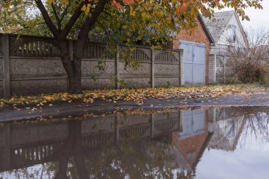 Çitlerin, evin ve yağmur birikintisindeki ağacın yansımasıyla sakin bir kırsal alan. Düşen yapraklar ve yumuşak doğal ışık ile sonbahar havası.