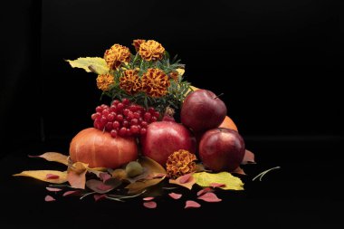 Elma, nar, balkabağı, viburum üzümü ve kadife çiçekleri ile parlak bir sonbahar düzenlemesi. Sıcak sonbahar renkleri koyu arkaplanda canlı görünür.