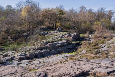 Sonbahar bitki örtüsü ve açık mavi gökyüzü altında yakalanan doğal dokularla kaplı kayalık oluşumlar. Manzaralı açık hava jeoloji, doğa ve seyahat temaları için mükemmel.