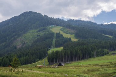 Geniş çayırları, sık orman tepeleri ve köy binaları olan doğal dağ manzarası. Seyahat, doğa ve çevre konuları için ideal sakin kırsal görünüm.