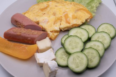 Sağlıklı kahvaltı tabağı omlet, dilimlenmiş sosis, peynir, salatalık ve marul. Basit ev yemekleri, dengeli beslenme ve günlük yiyecek konsepti..