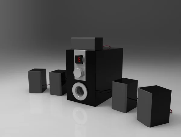 Home cinema speakers with sub-woofer on gray background. 5.1 sys — Stock Photo, Image
