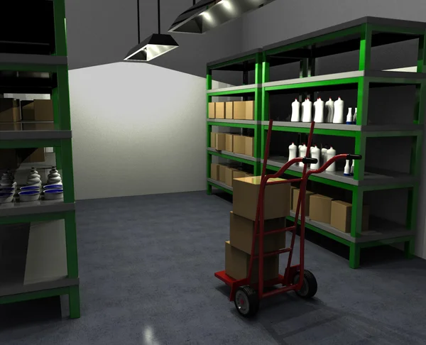 Hand truck with box in warehouse. 3d render. — Stock Photo, Image