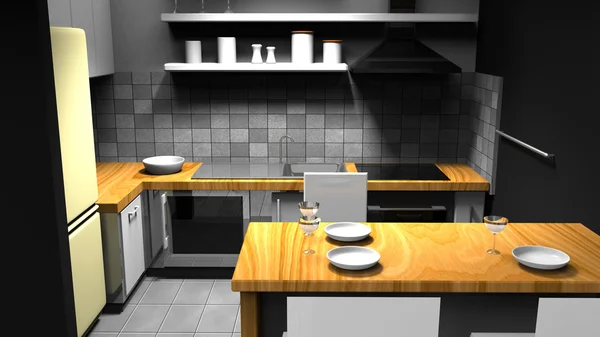 Moderne keuken met houten delen. 3D render. — Stockfoto