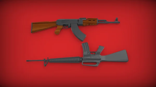 Kalashnikov AK-47 y M 16 sobre fondo rojo . — Foto de Stock