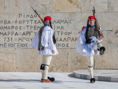 Atina, Yunanistan - 8 Şubat 2026 Yunan Euzones parlamento önünde nöbet değiştirdi.