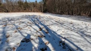 Ocak ayında karlı ve buzlu tepede yokuş aşağı yürüyen iki kadının gölgeleri