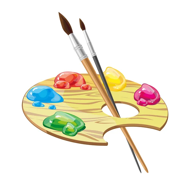 Wooden art palette with brushes and paints vector illustration — Stock Vector