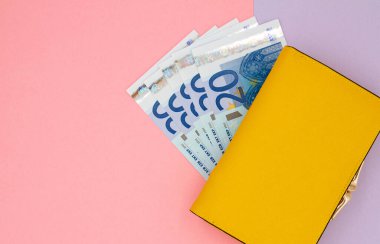 Renkli bir arka planda 20 Euro 'luk banknotla yakın plan sarı cüzdan.