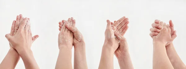 Processo Lavagem Das Mãos Com Sabão Fundo Branco Uma Menina — Fotografia de Stock