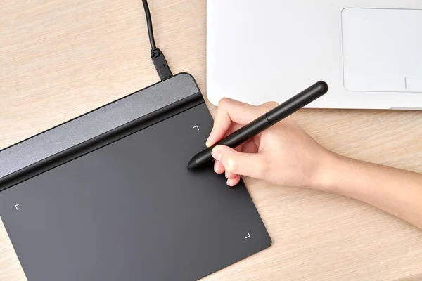 Girl Draws Graphics Tablet Pen Close Selective Focus — Stock Photo, Image