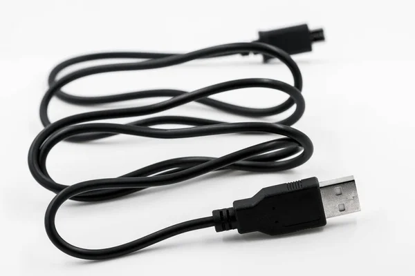 Fekete Adapter Usb Mikrousb Típusú Adatok Tápkábel Fehér Háttérrel Közelkép — Stock Fotó