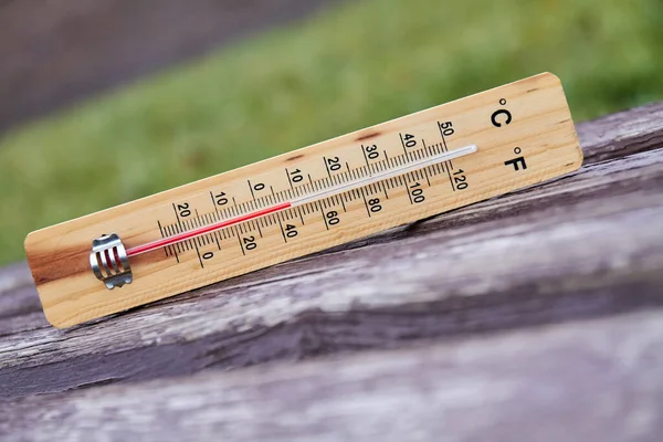 Close-up photo of household alcohol thermometer showing temperature in degrees Celsius. Outdoors. Close-up, selective focus