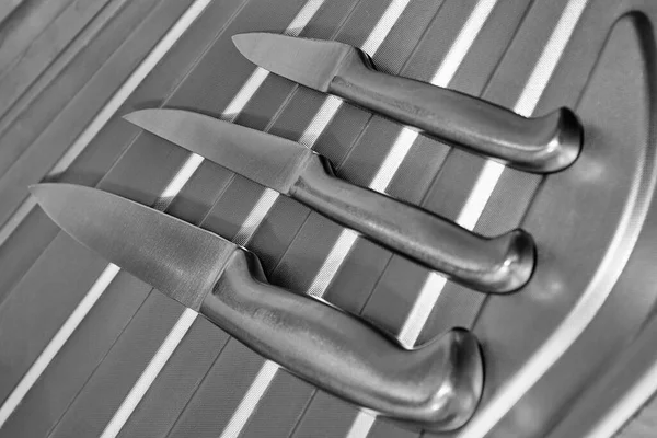 Комплект Металлических Кухонных Ножей Хромированной Поверхности Концепция Приготовления Пищи Черно — стоковое фото