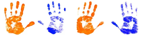 Μπλε Και Πορτοκαλί Αποτυπώματα Χεριών Που Απομονώνονται Λευκό Φόντο — Φωτογραφία Αρχείου
