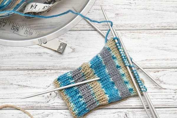 Sock Process Knitting Light Wooden Background Closeup Selective Focus — Stock Photo, Image