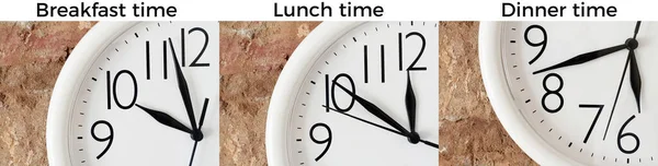 Desayuno Almuerzo Concepto Hora Cena Una Parte Esfera Reloj Analógico —  Fotos de Stock
