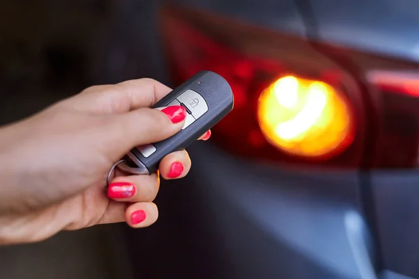Car Owner Holds His Hand Remote Control Device Keyless Entry — Stock Photo, Image
