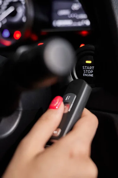 Car Owner Holds His Hand Remote Control Device Keyless Entry — Stock Photo, Image