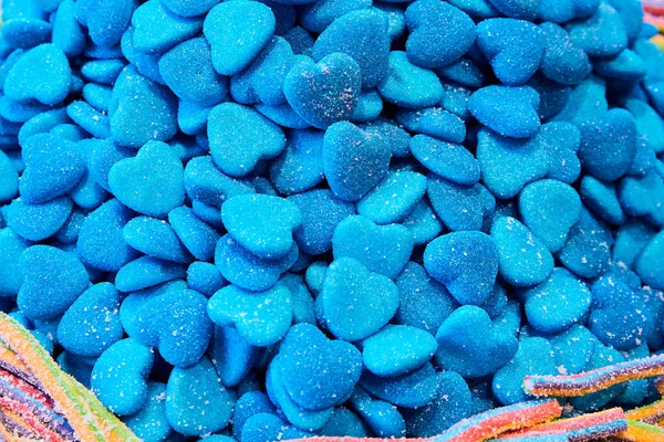 Bonbons Gommeux Forme Coeur Bleu Gros Plan Focus Sélectif — Photo