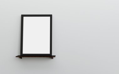 Ahşap raf beyaz duvar alanı olan gerçekçi siyah boş çerçeve 