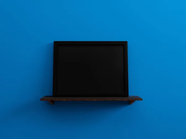 Siyah boş resim çerçevesi üzerinde bir ahşap raf mavi duvar 3d render