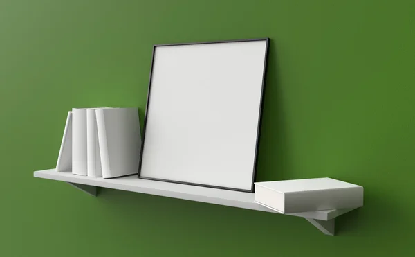 Samenstelling van vierkante leeg afbeeldingsframe op witte plank met bo — Stockfoto