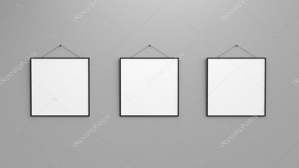 Composition of three black blank photo frames on green wall 3d r