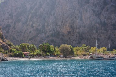 Türkiye 'nin Kelebek Vadisi' nde, sarp kayalıkların yanındaki kayalıkların yanında kayalıkların ve yemyeşil ağaçların bulunduğu manzaralı kıyı manzarası 