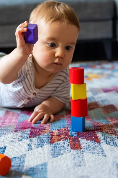 Çizgili kıyafetli bir bebek desenli halıda renkli ahşap bloklarla oynuyor, rahat bir arka plan, erken öğrenim ve gelişme kavramı