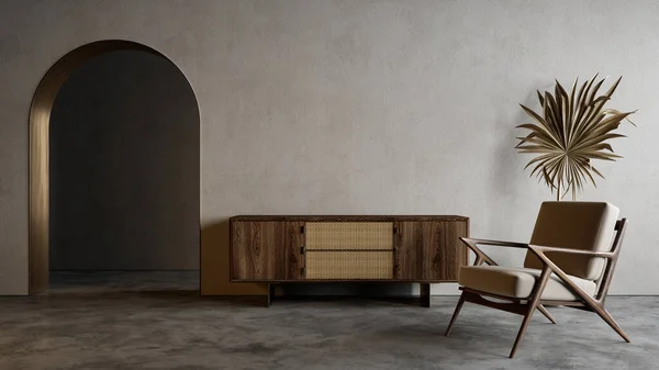 Nowoczesne minimalistyczne wnętrze z łukiem, komodą, fotelem i wystrojem. — Zdjęcie stockowe