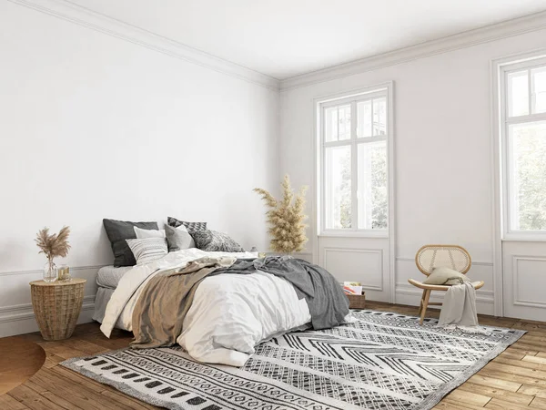 White bedroom with decor, classic scandinavian style.