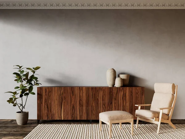 Interior beige con cómoda, sillón y decoración. —  Fotos de Stock