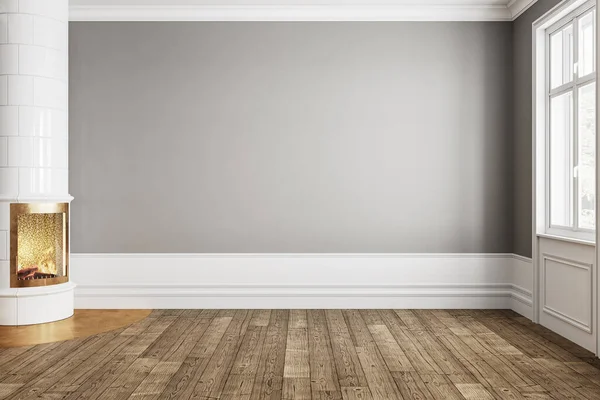 Серый пустой интерьер с камином и пустой стеной. — стоковое фото