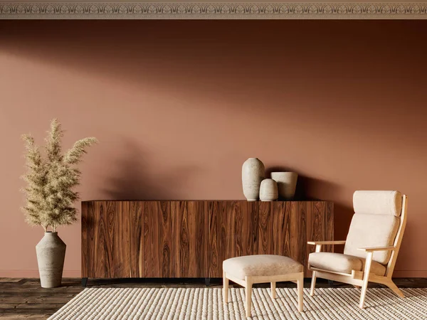 Terracotta interior with dresser, lounge chair and decor.