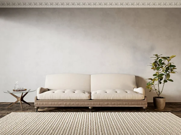 Interior krem dengan sofa tua dan dekorasi. — Stok Foto