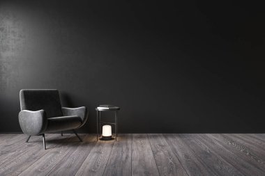 Siyah iç döşeme, boş duvar, koltuk ve dekor..