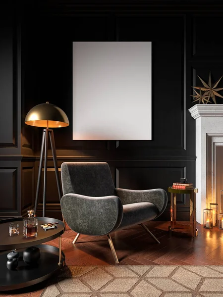 Classic black interior with armchair, wall panel and decor.