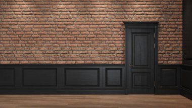 Tuğla duvar, paneller ve kapılar olan çatı katı. 3d resimleme modellemesi.