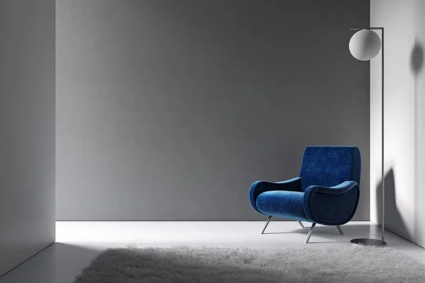 Szary minimalizm wnętrza z niebieskim fotelem, lampą podłogową i dywanem. — Zdjęcie stockowe