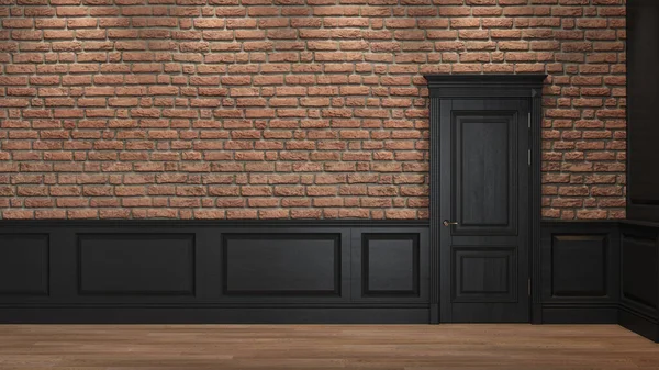 Loft wnętrze z cegły ściany, panele i drzwi. 3d renderowanie ilustracji makieta. — Zdjęcie stockowe