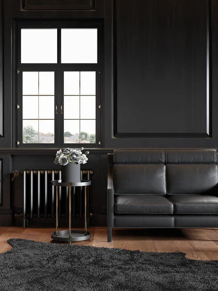Black classic interior with leather sofa and wall panels. — Stock Photo, Image