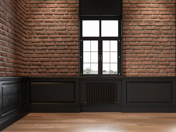 Loft vuoto interno con parete in mattoni, pannello a parete e finestra. — Foto Stock