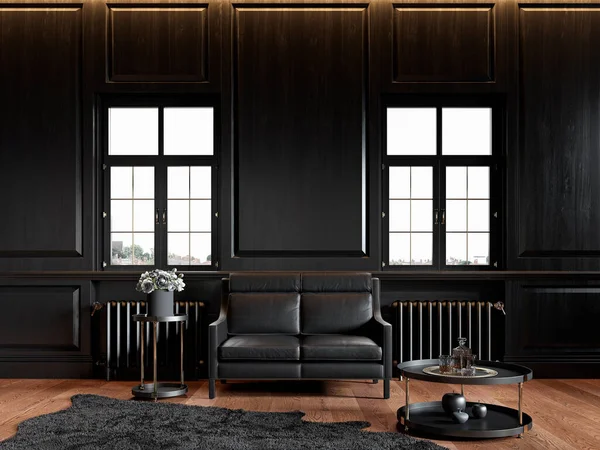 Czarne klasyczne wnętrze poddasza z panelami ściennymi, skórzaną sofą, dywanem i wystrojem. — Zdjęcie stockowe