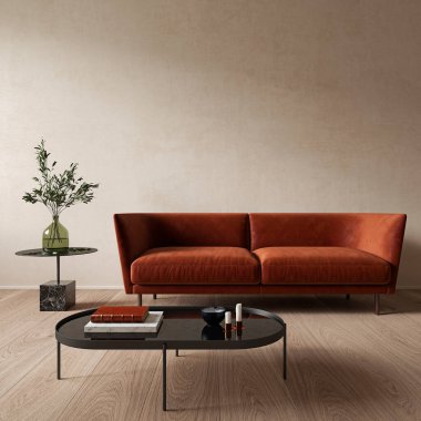 Portakal rengi kanepe ve sehpası olan modern minimalist bej iç mekan. 3d canlandırma çizimi maketi.